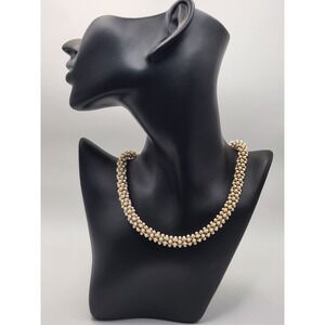 Anne Klein Vintage Faux Pearl Choker Necklace Gold Tone Black Leather Accents